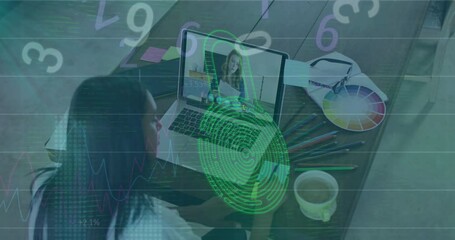 Poster - Animation of data processing over african american businesswoman using laptop for video call