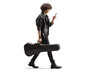© Ljupco Smokovski - Full length profile shot of a young musician carrying a guitar case and using a smartphone