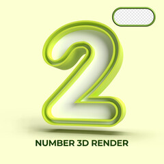 3D render number 2 green white colors for element design, kids number, cute number