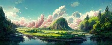 Natural Landscape In Anime Style Illustration. Generative AI