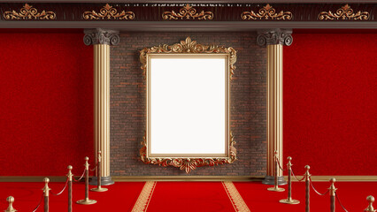 Wall Mural - ornate golden frame at the bricks wall, empty gold picture frame between roman columns, 3d render