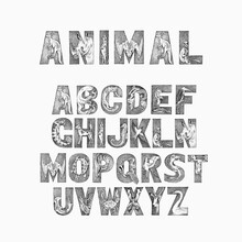 Cute Animals Font For Kids. Decorative Ancient Alphabet. Vintage Characters Typeface. Double Exposure Editable And Layered. Kangaroo, Octopus. Hand Drawn Vector Modern Antique Letters. Graphic ABC Zoo
