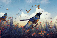 Colorful Birds Stand Among Blooming Flowers