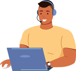 Poster - Black man in headset working on laptop. Freelancer character