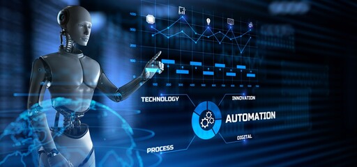 Robotic business process workflow Automation RPA. Robot pressing button on screen 3d render.
