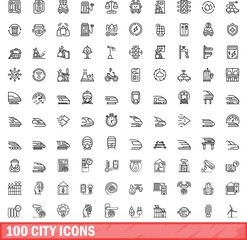 Poster - 100 city icons set. Outline illustration of 100 city icons vector set isolated on white background