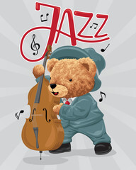 Canvas Print - Hand drawn vector illustration of teddy bear playing double bass in jazz music show