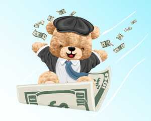 Canvas Print - Hand drawn vector illustration of teddy bear in suit fly on money