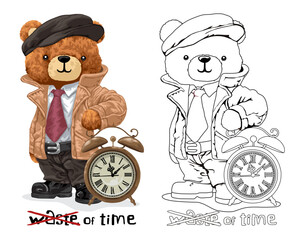 Wall Mural - Hand drawn vector illustration of teddy bear in suit with big vintage clock. Coloring book or page