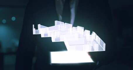 Poster - Technology, innovation and architecture, 3d design with man and tablet. Planning, project management and software for digital rendering in engineering. Futuristic, creative and industrial ai at work.