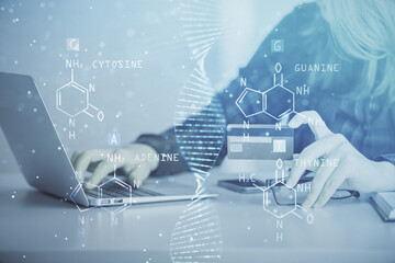 Poster - Multi exposure of woman on-line shopping holding a credit card and DNA drawing. Medical education E-learning concept.
