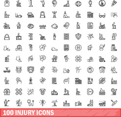 Poster - 100 injury icons set. Outline illustration of 100 injury icons vector set isolated on white background