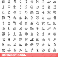 Poster - 100 injury icons set. Outline illustration of 100 injury icons vector set isolated on white background