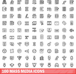 Poster - 100 mass media icons set. Outline illustration of 100 mass media icons vector set isolated on white background