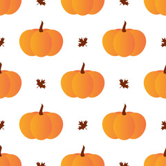vector seamless pattern background with orange pumpkins and maple leaves for autumn, fall, harvest, 