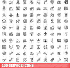 Poster - 100 service icons set. Outline illustration of 100 service icons vector set isolated on white background
