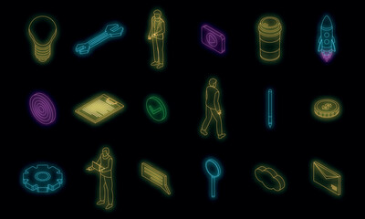 Poster - Product manager icons set. Isometric set of product manager vector icons neon color on black