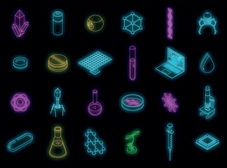 Poster - Nanotechnology icons set. Isometric set of nanotechnology vector icons neon color on black