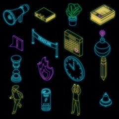 Poster - Deadline icons set. Isometric set of deadline vector icons neon color on black