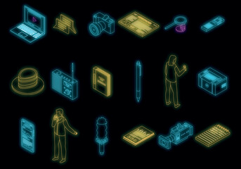 Poster - Reporter icons set. Isometric set of reporter vector icons neon color on black