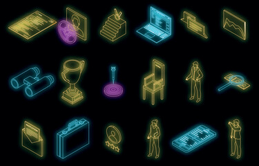Poster - Headhunter icons set. Isometric set of headhunter vector icons neon color on black