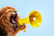 Leinwandbild Motiv Cool beautiful lion holding and screaming into a yellow loudspeaker on a blue background. Business management and boss, a creative idea. Successful advertising and management, concept. Attention
