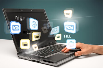 Poster - FTP files receiver and computer backup copy. File sharing isometric. Exchange information and data with internet cloud technology.Digital system for transferring documents