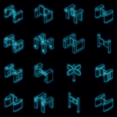 Poster - Turnstile icons set. Isometric set of turnstile vector icons neon color on black