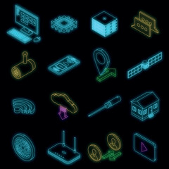 Poster - Remote access icons set. Isometric set of remote access vector icons neon color on black
