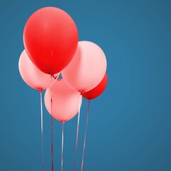 Sticker - Many Red Balloons over Blue Sky Background. Happy Birthday. Festive Background.