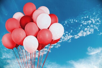 Canvas Print - Many Red Balloons over Blue Sky Background. Happy Birthday. Festive Background.