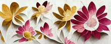 Paper Garden Flowers On A White Background In Yellow And Red