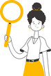 The girl is holding a magnifying glass in her hands. Search concept. Line art style. Isolated. Vector illustration.
