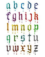 Poster - Colored glossy gothic font letters with dripping drops isolated on a white background