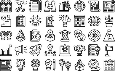 Poster - launch project icons set outline vector. rocket boost. start business