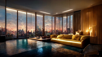 Concept art illustration of apartment living room interior in New York city