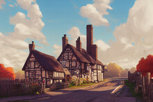 Quaint English Village Post Office Cobblestone Road Coo Digital Artwork Illustration Paintings Hyper Realistic Renders