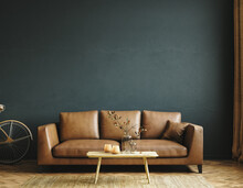Home Interior Mock-up With Brown Leather Sofa, Table And Decor In Living Room, 3d Render