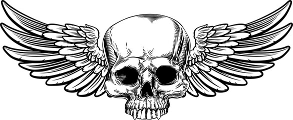 Wall Mural - Winged Skull Vintage Etched Woodcut Style