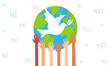 Ilustración de el mundo con unas manos y una paloma que simboliza la paz mundial