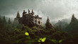 Old castle or fortress as abandoned ruin in dark forest