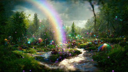 Wall Mural - Magical fantasy fairy tale forest with rainbow and glowing lights