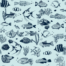 Tropical Fish Vector Line Seamless Pattern.
