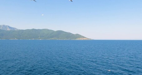 Wall Mural - Summer travel vacation landscape. Blue sea water surface scenery. Seagulls fly around seawater. Sunny clear blue sky. View from cruise boat of mountain range of island Thassos, Greece. 