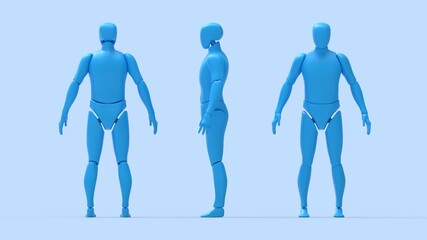 3D rendering of a dummy robot man person model blank template isolated in studio background. 3D computer generated person posing multiple views side front back.