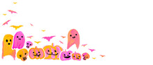 Cute Halloween Pumpkins, Bats, Ghost Card Orange Pink, Aesthetic Neon Handmade Painting White Background
