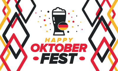 Wall Mural - Oktoberfest. Traditional beer festival in Germany. Celebration annual worldwide in september and october. Bavarian party. German event. National flag. Poster, banner, patten. Vector illustration 