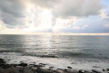 Wall Mural - picturesque view of sky with heavy rainy clouds over sea