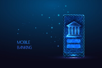 Sticker - Concept of mobile banking with smartphone and bank building symbols in futuristic glowing style 