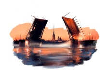 Digital Illustration Of St. Petersburg: Drawbridges At Sunset. City Landscape With The Neva River. Romantic Picture For Printing Postcards And Posters.